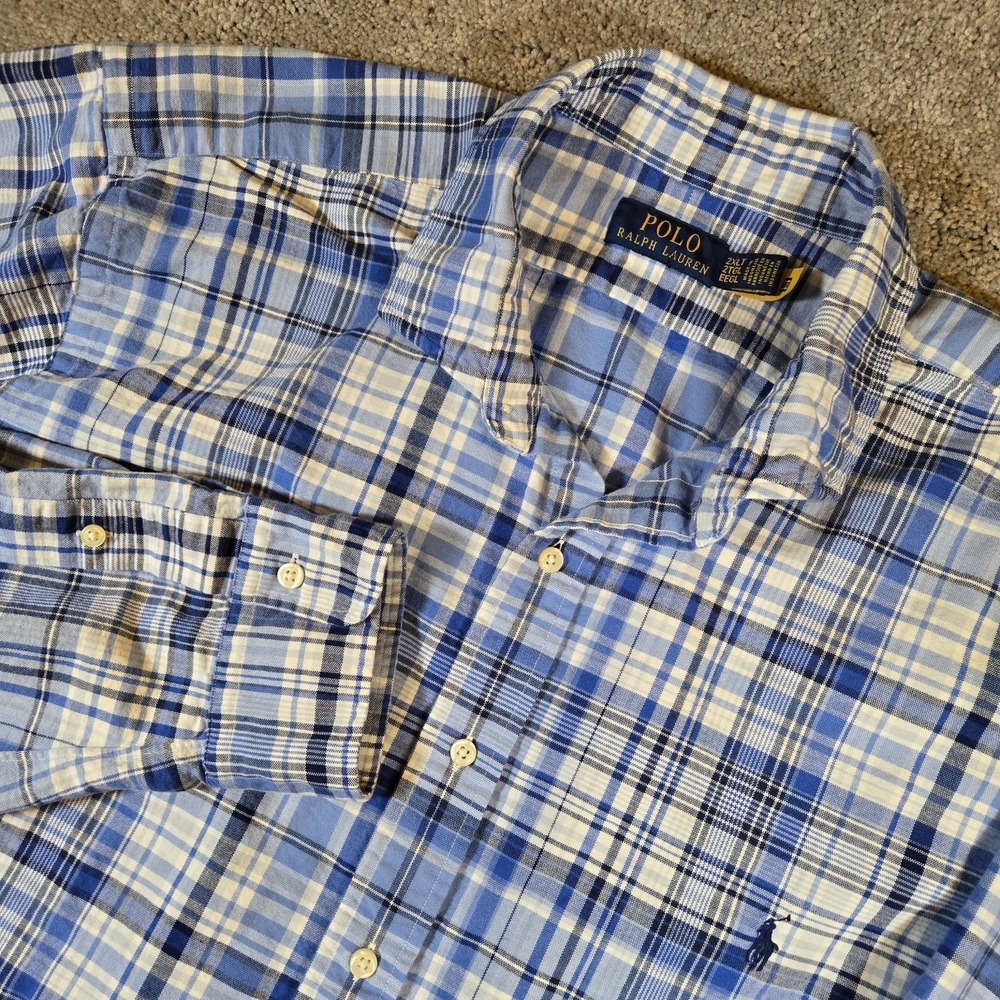 Polo Ralph Lauren Mens 2XLT‎ Blue Plaid Long Sleeve Pony Logo